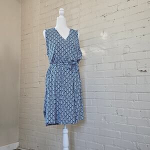 Blue A-Line Dress┃ Geometric Art Deco Shell Print ┃A-Line Faux Wrap Dress┃XXL